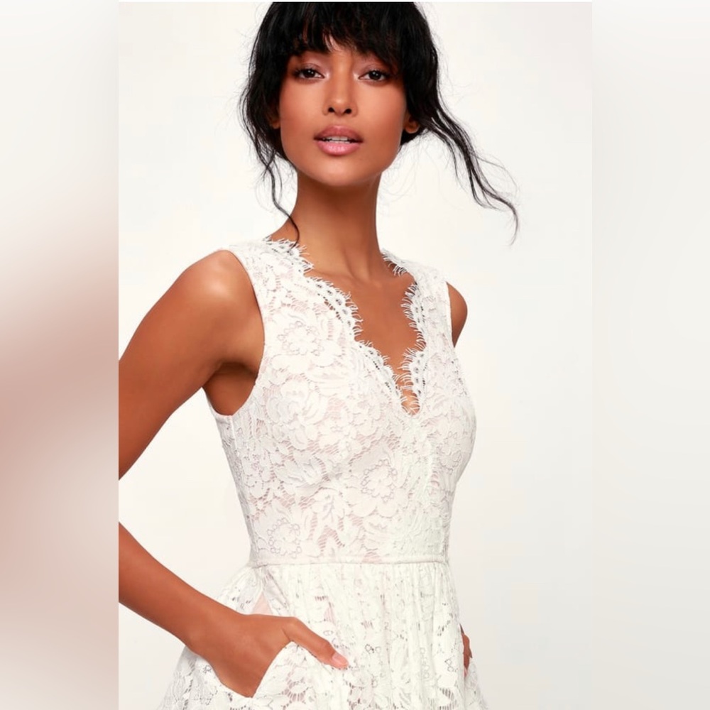 Lulus Love Swept White lace Midi Wedding Dress.